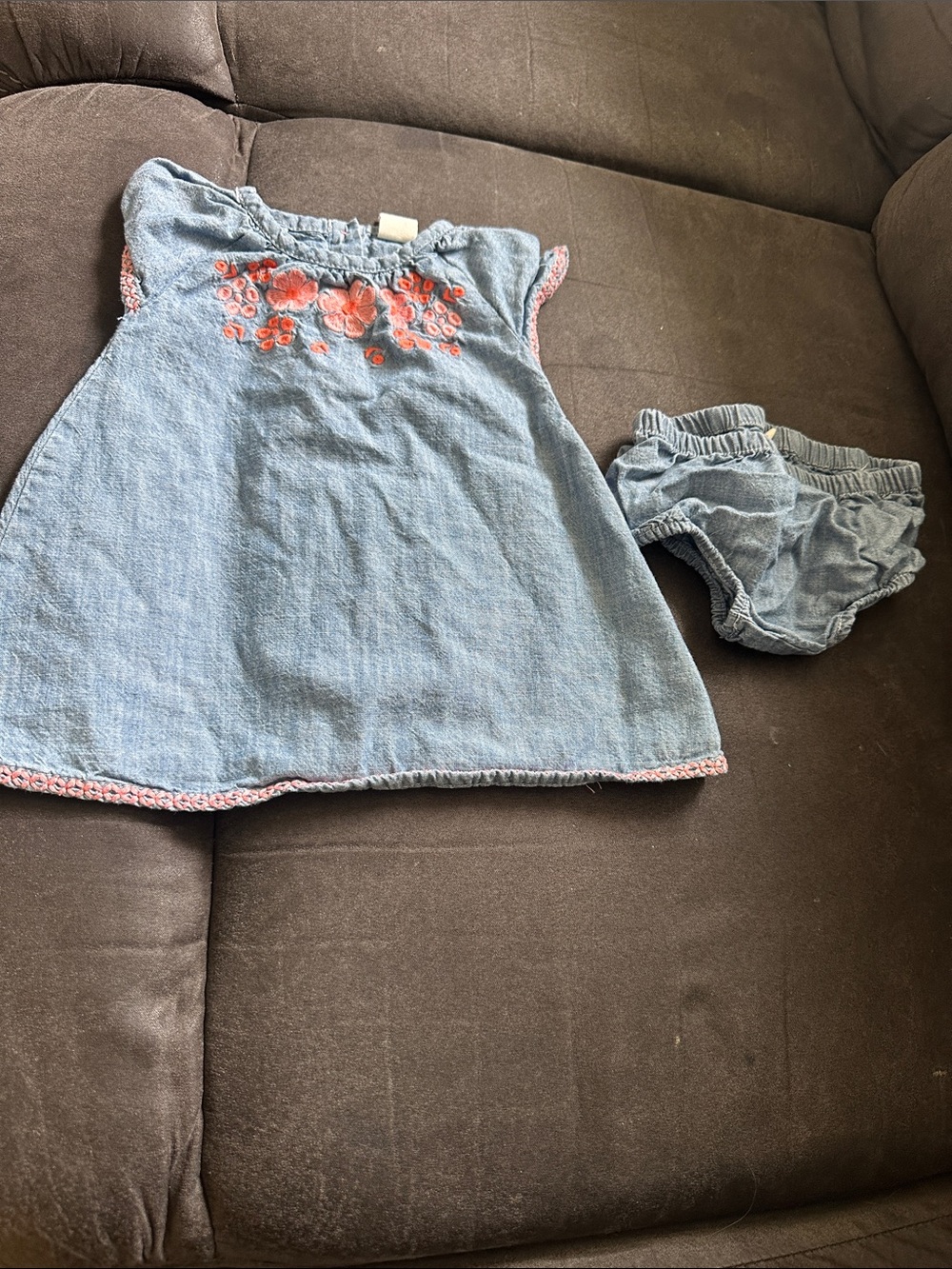 Tucker + Tate Light Blue Denim Dress and Bloomers with Coral Floral Embroidery